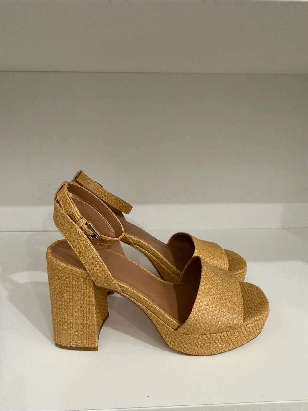 Woven Platform Ankle-Strap Sandals in Tan